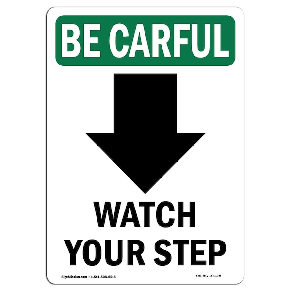 OSHA CAREFUL Watch Your Step Down Arrow 5in X 3.5in Decal, 10PK, 3.5" W, 5" L, Portrait, PK10